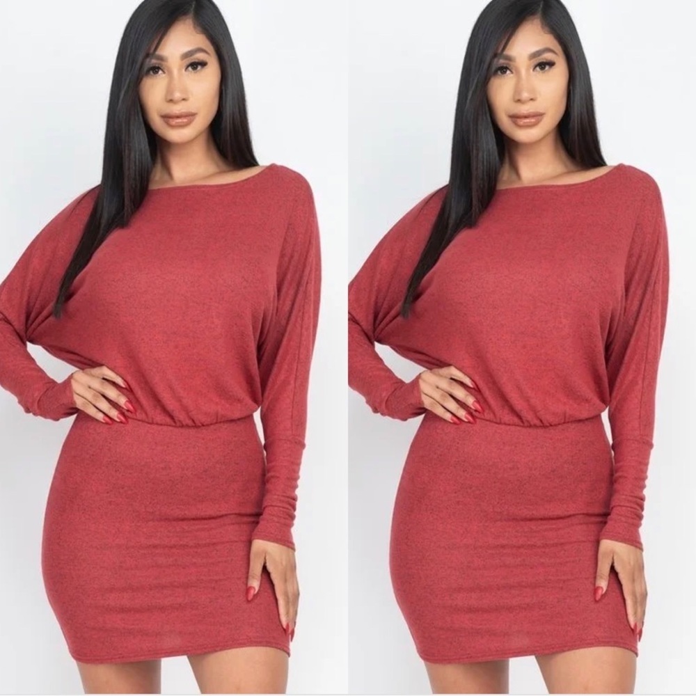 RED RUST TWO WAY SHOULDER STYLE LONG SLEEVE MINI DRESS